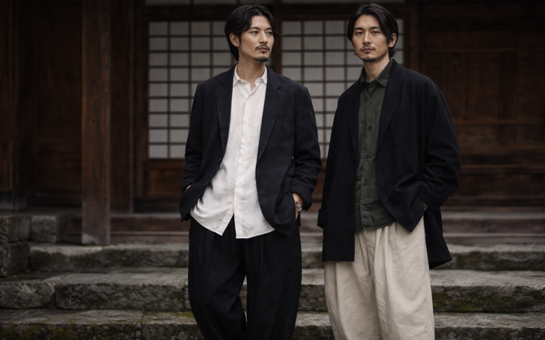 Style japonais en mode masculine avec silhouettes amples et palette neutre.